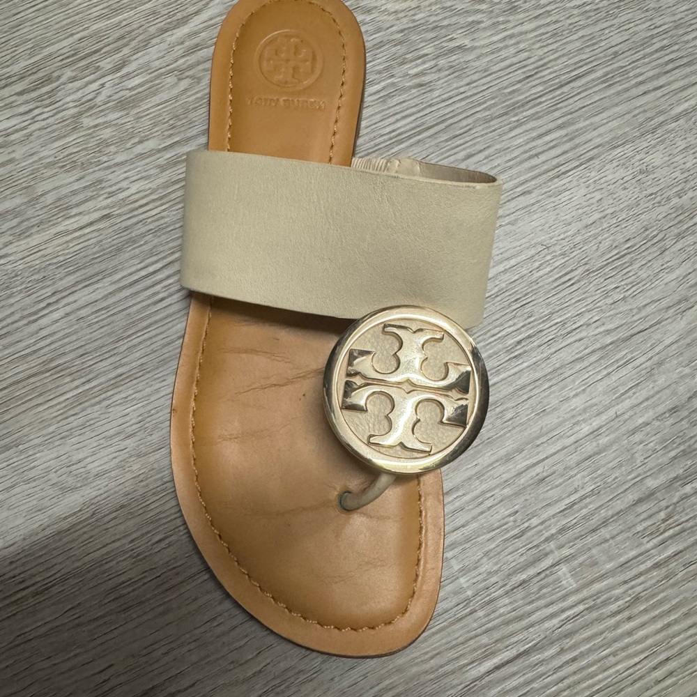 Tory Burch Beige Slide Sandals with Silver Logo